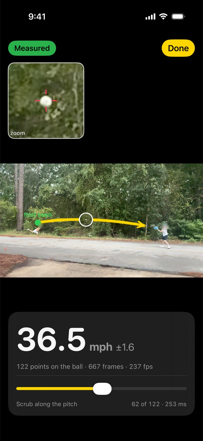 Heater Meter after a throw: 36.5 mph, plus or minus 1.6, with the ball's path drawn in yellow over the video