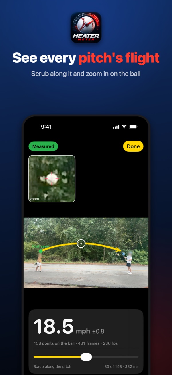 The pitch's flight drawn over the video, with a slider to scrub along it