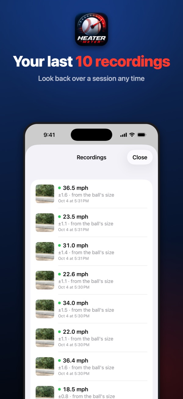 The list of your last 10 recordings and their speeds